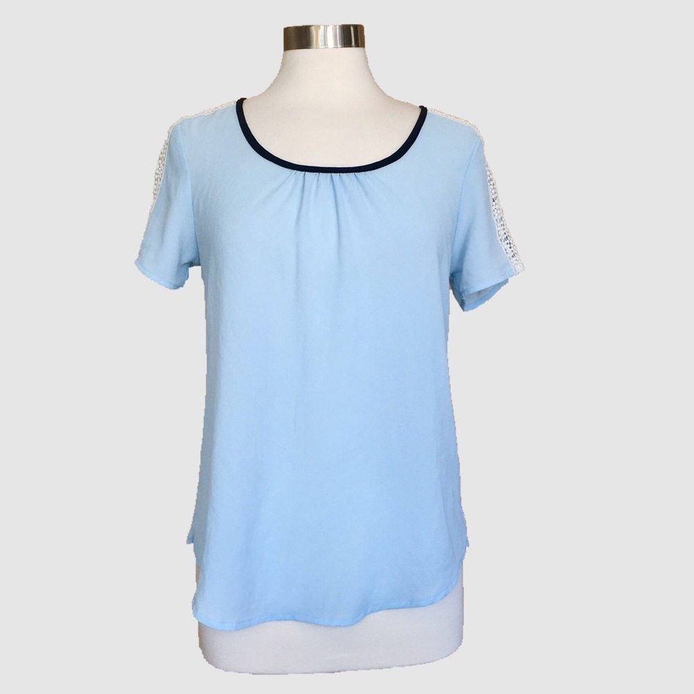 Powder Blue Top w White Lace Shoulder Detail